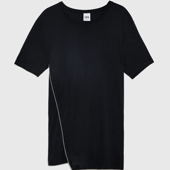 Zara‎ ASYMMETRIC T - SHIRT WITH ZIP BLACK SHORT SLEEVE TOP WOMENS SIZE M - Picture 1 of 7